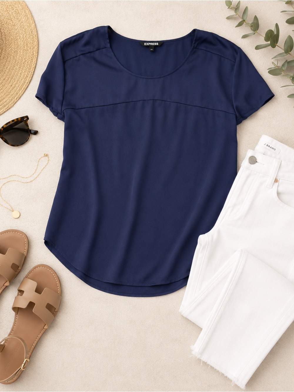 Express Navy Short Sleeve Scoop Neck Blouse